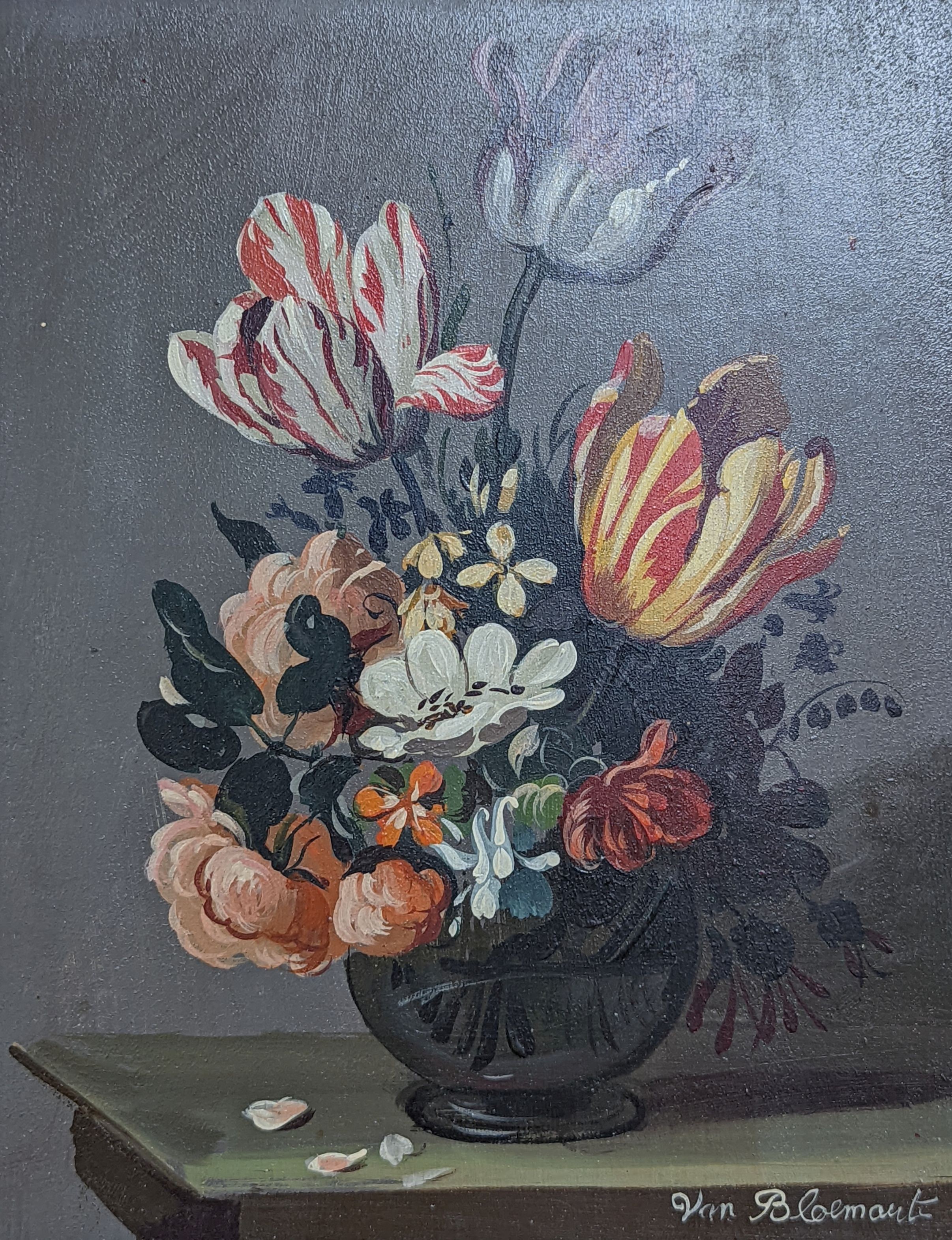 Van Bloemart, oil on board, Still life of flowers in a vase, signed, 24 x 19cm